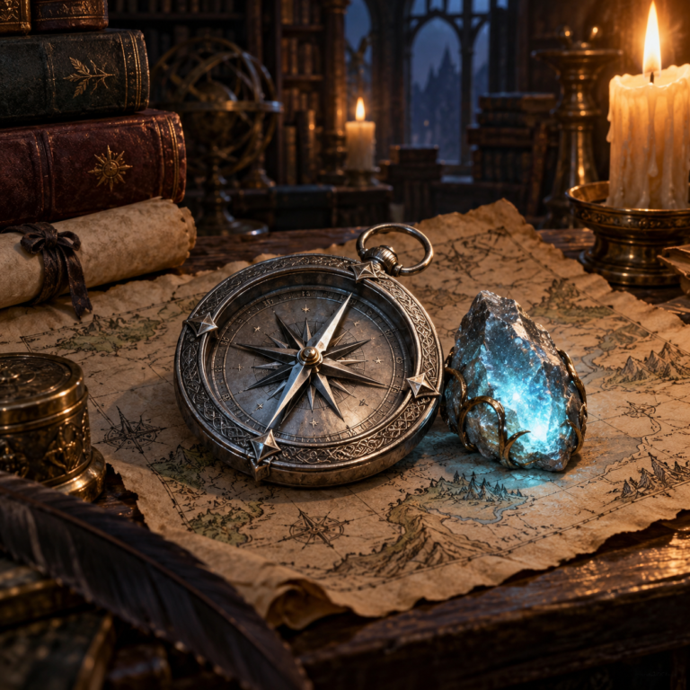 A mysterious silver compass and glowing stone resting on an old map in a candlelit fantasy archive.