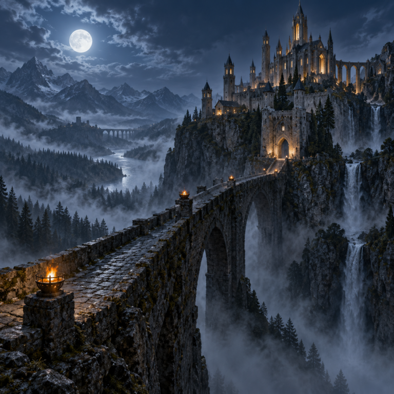 An original fantasy landscape shows a narrow stone bridge leading to a moonlit cliffside citadel.