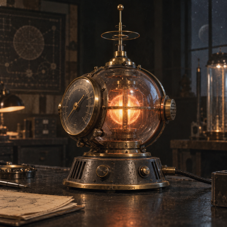 An original retro-futurist device with a glass dial and brass antenna sits on a dark laboratory table.