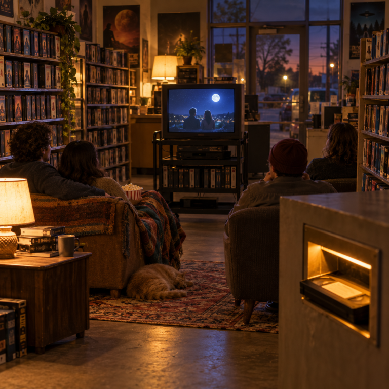 A neighborhood video store at closing time, with VHS cases and a glowing return slot.