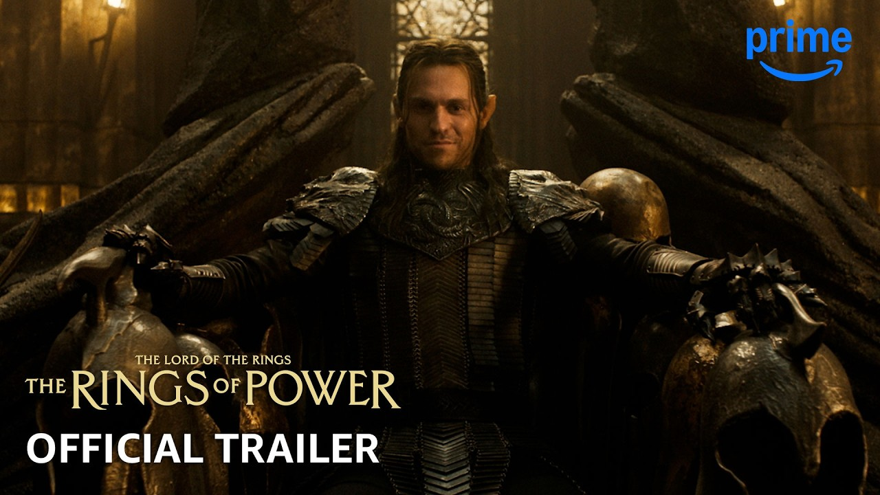 Official Prime Video trailer thumbnail showing armored Sauron with The Rings of Power title and Prime Video branding.